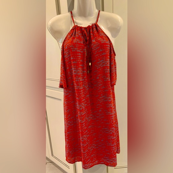 VERONICA M Dress Women’s M 8-10 Red Blue Abstract Print Halter Cold Shoulder - Picture 3 of 7